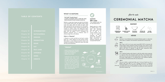 Little eBook of Matcha preview showing the table of contents, an introduction to matcha and illustrated instructions for preparing ceremonial matcha.