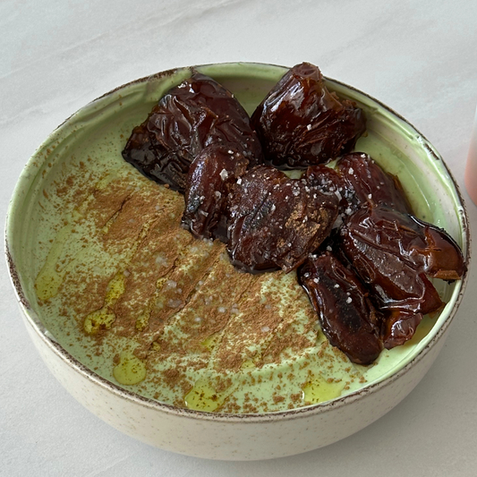Fried Dates with Matcha Yogurt and Olive Oil