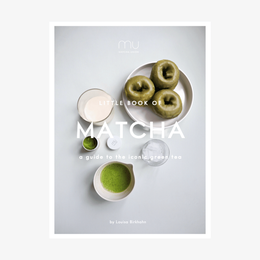 Little Book of Matcha cover featuring green matcha cakes, a bowl of matcha and milk, titled ‘A guide to the iconic green tea’.