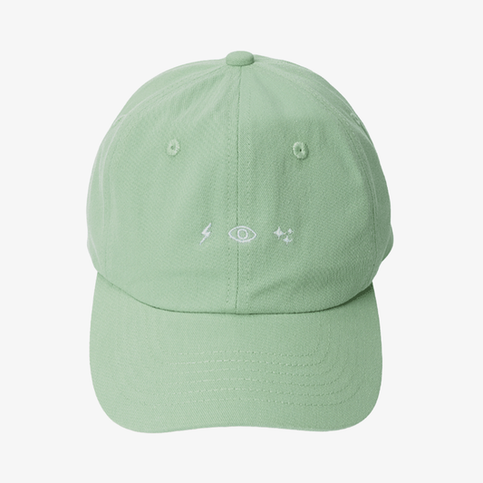 Matcha-green Energise Focus Glow dad cap with a vintage finish, curved brim and white embroidered lightning, eye and sparkle symbols.