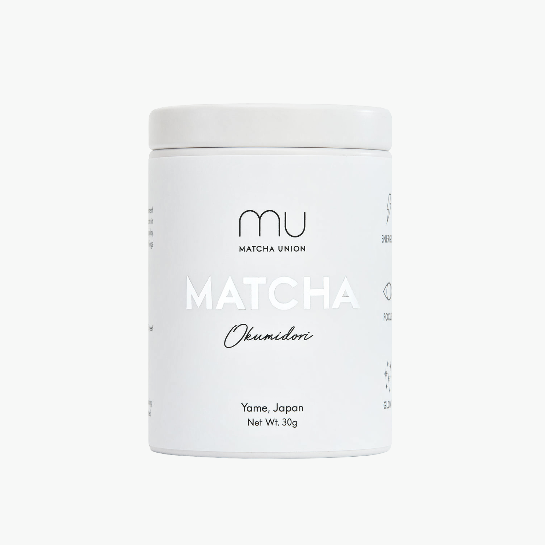 Matcha Union Okumidori Matcha 30g white tin, front view on a white background.