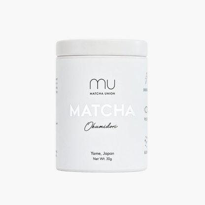 Matcha Union Okumidori Matcha 30g white tin, front view on a white background.