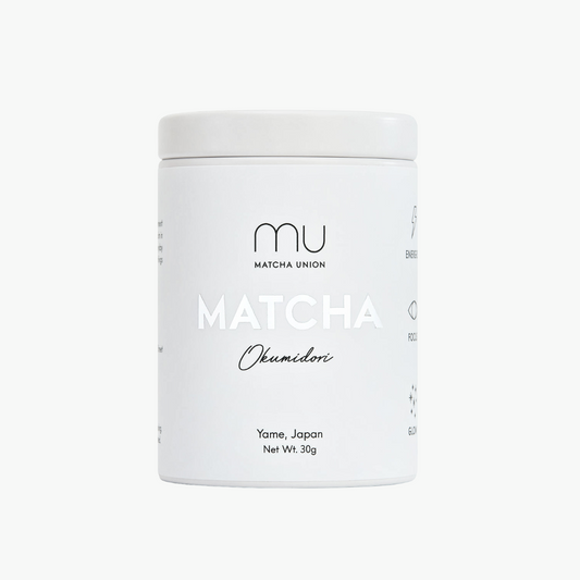 Matcha Union Okumidori Matcha 30g white tin, front view on a white background.