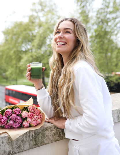 Matcha Union ceremonial grade Japanese matcha powder, model with blonde hair, founder, women-owned