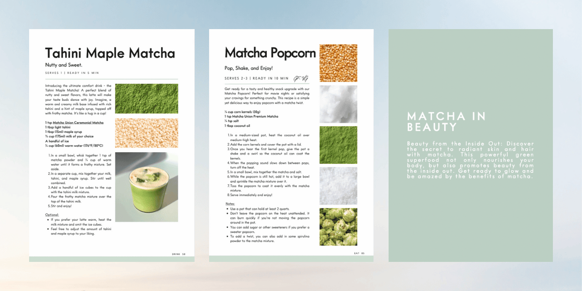Little eBook of Matcha preview featuring Tahini Maple Matcha and Matcha Popcorn recipes, alongside the opening page of the Matcha in Beauty chapter.